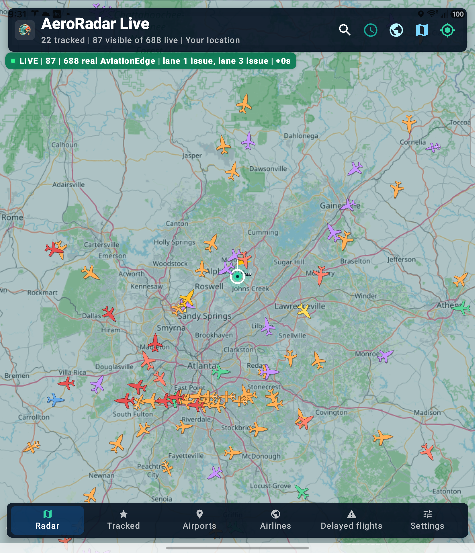 AeroRadar aircraft type legend screen
