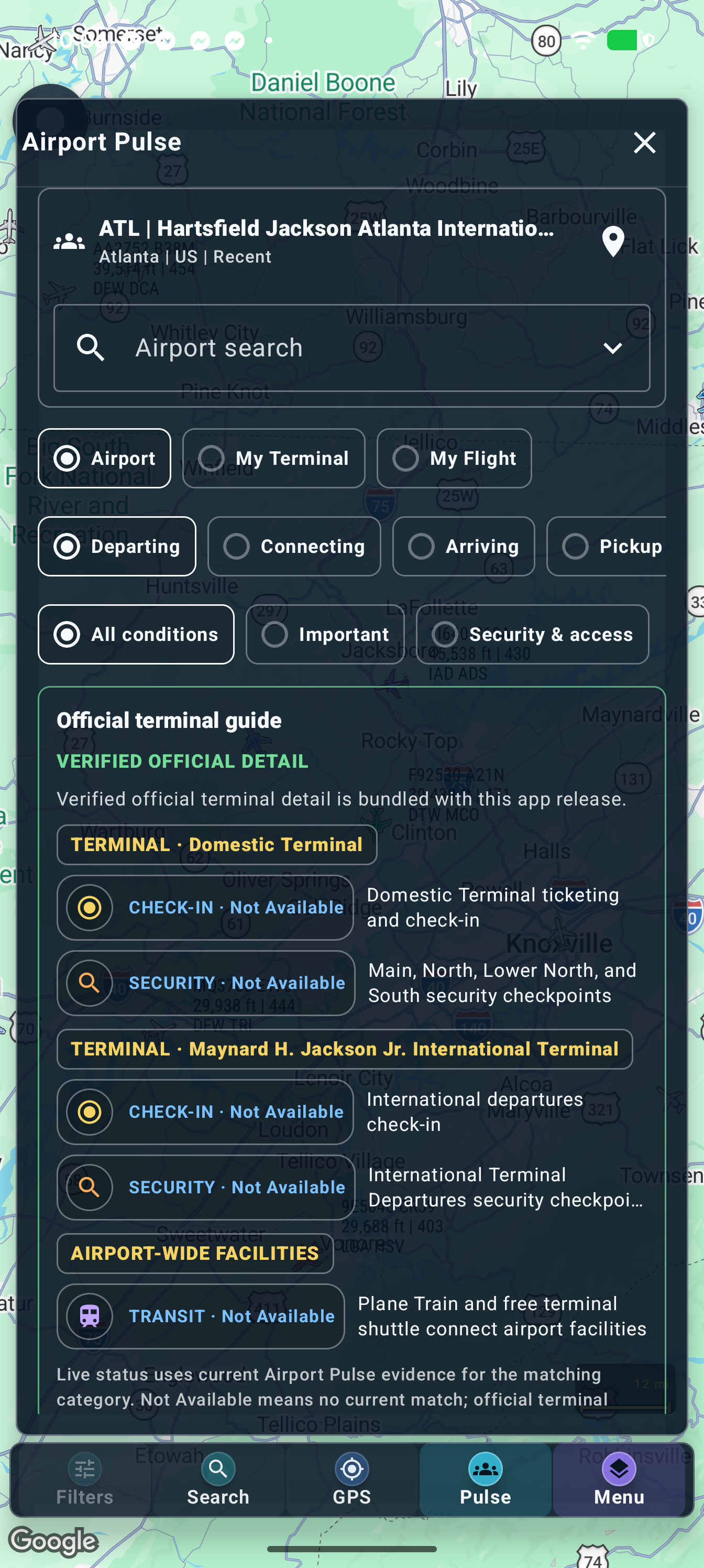 Airport Pulse journey controls and terminal guidance