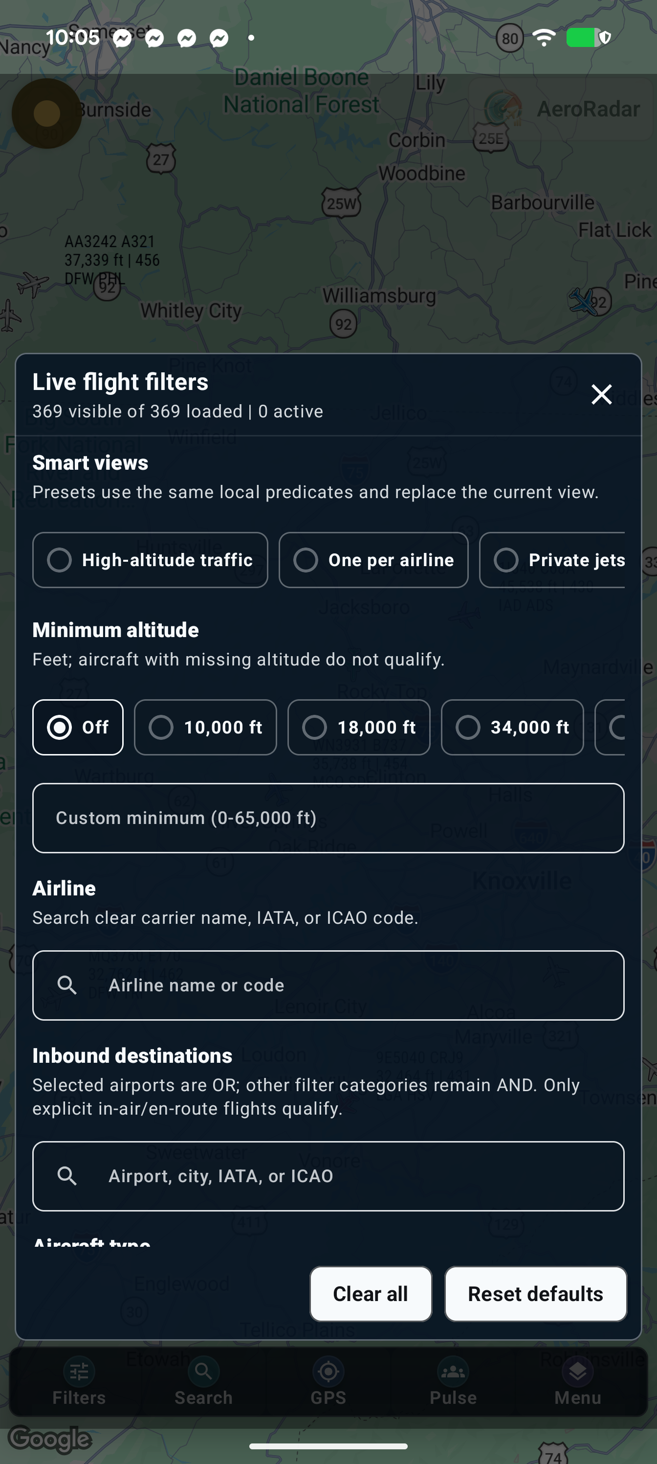 Aircraft filters with smart views and individual criteria