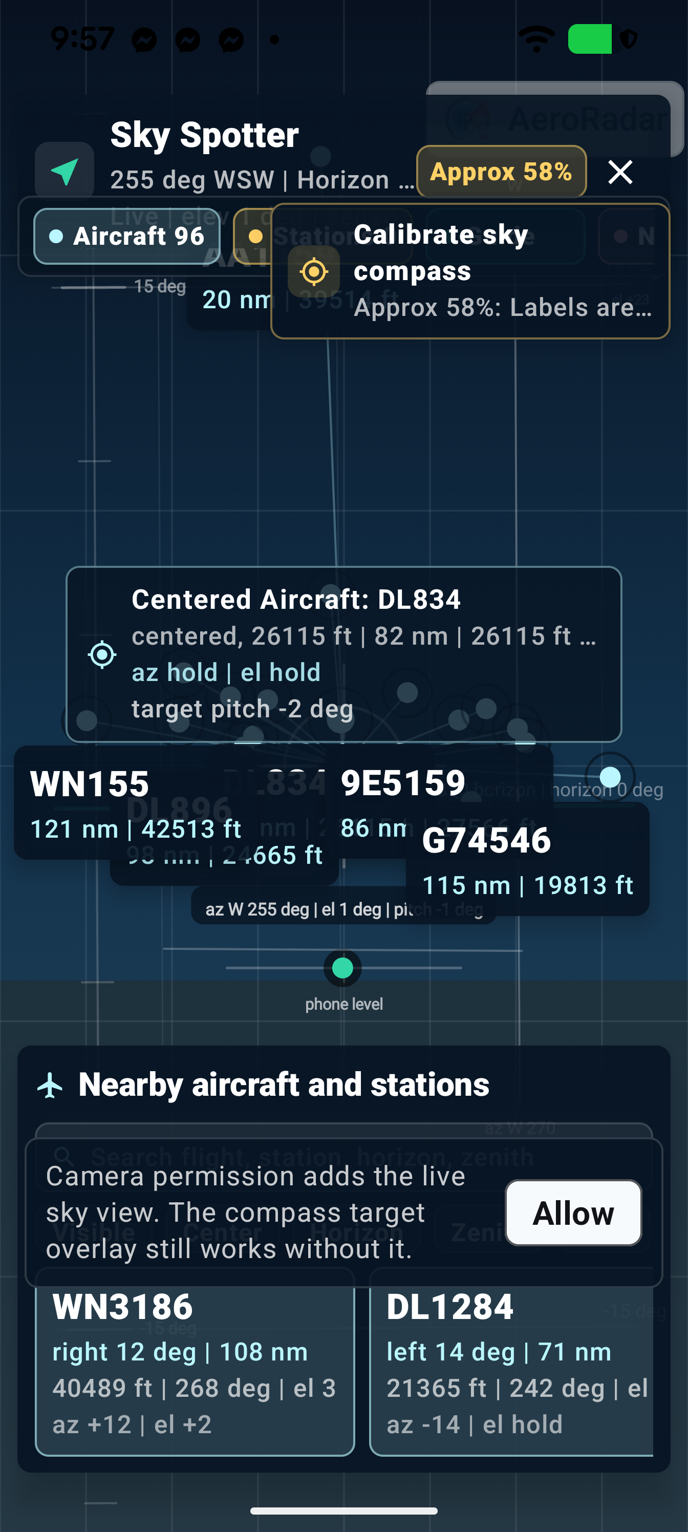 Earlier Sky Spotter view showing target labels and calibration guidance
