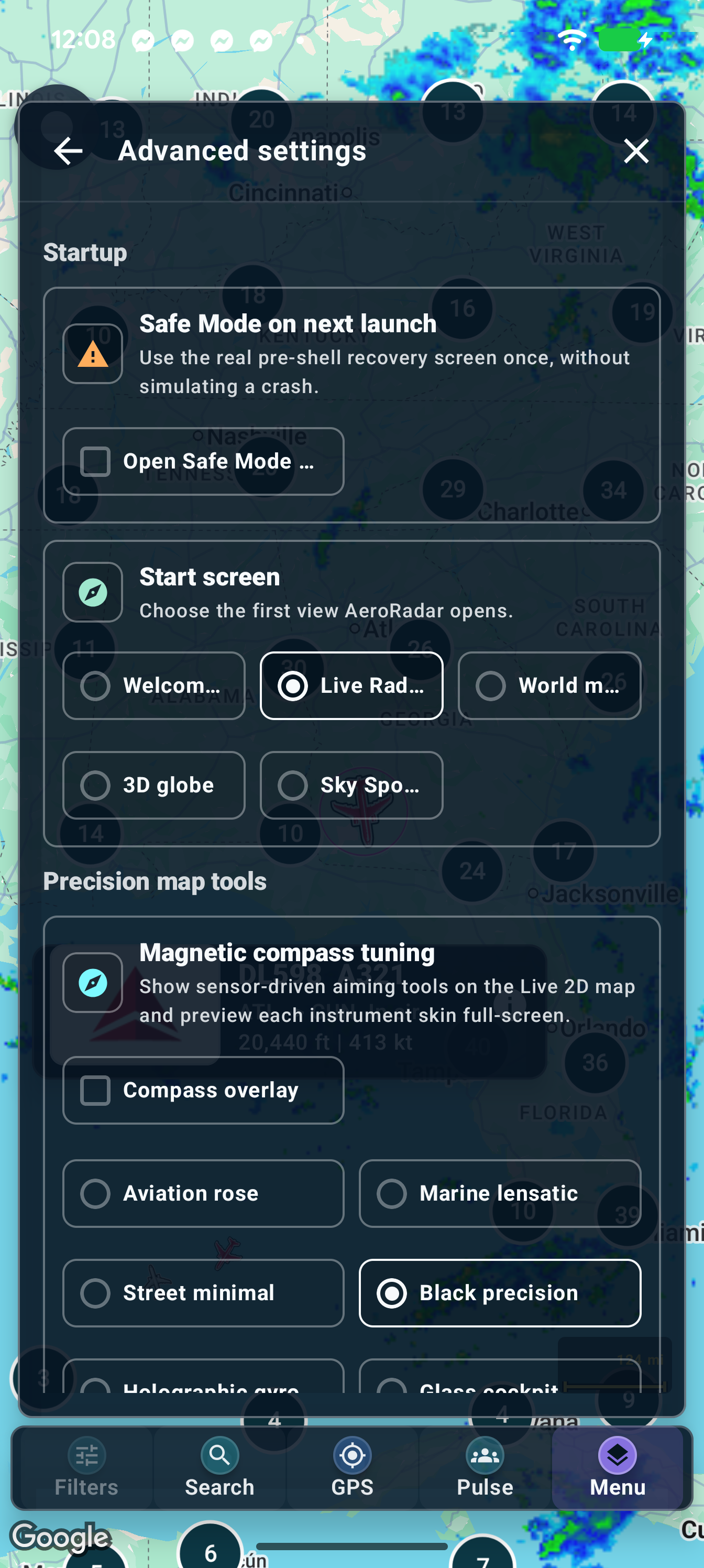 Advanced settings: startup choices and magnetic-compass tuning. Scroll down for further controls.