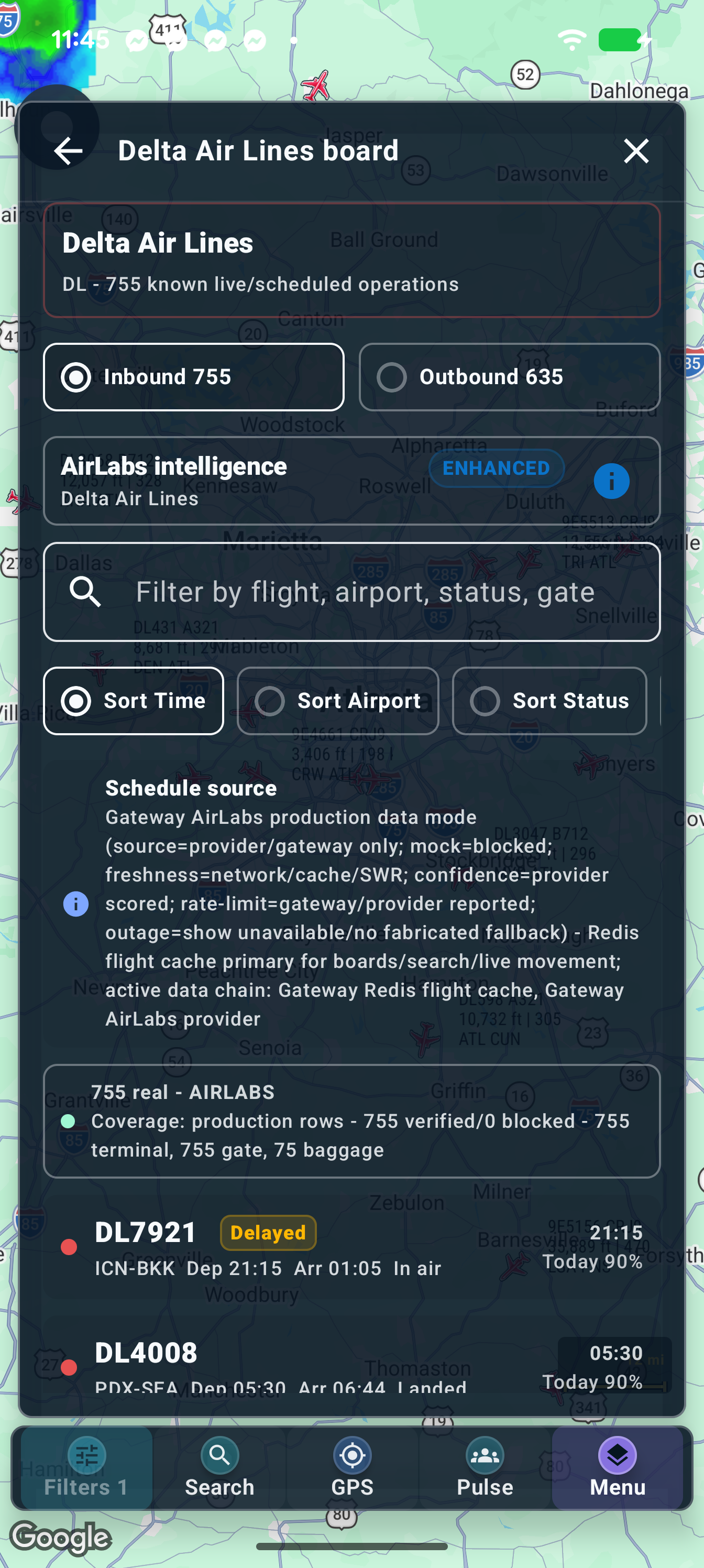 Delta Air Lines timetable: inbound board example.