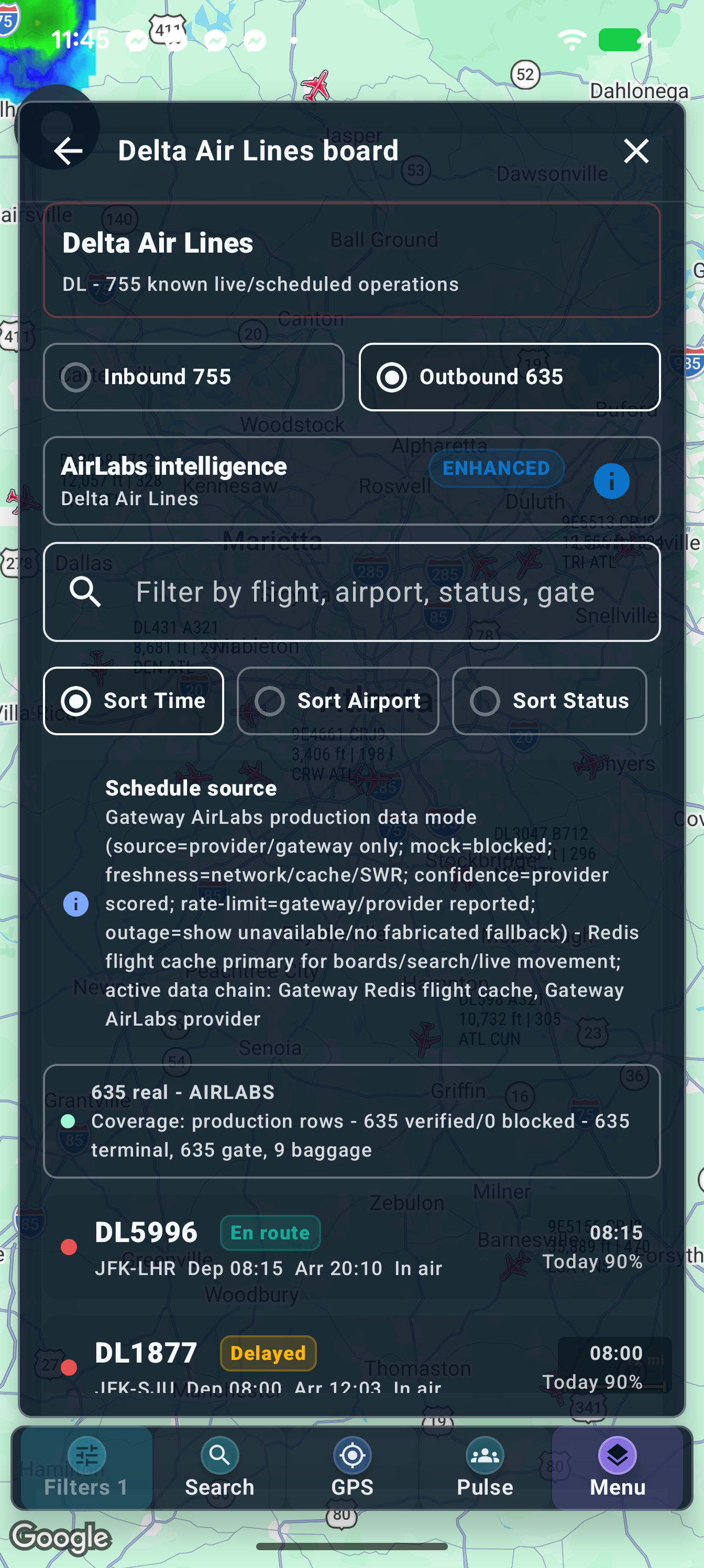 Delta Air Lines timetable: outbound board example.