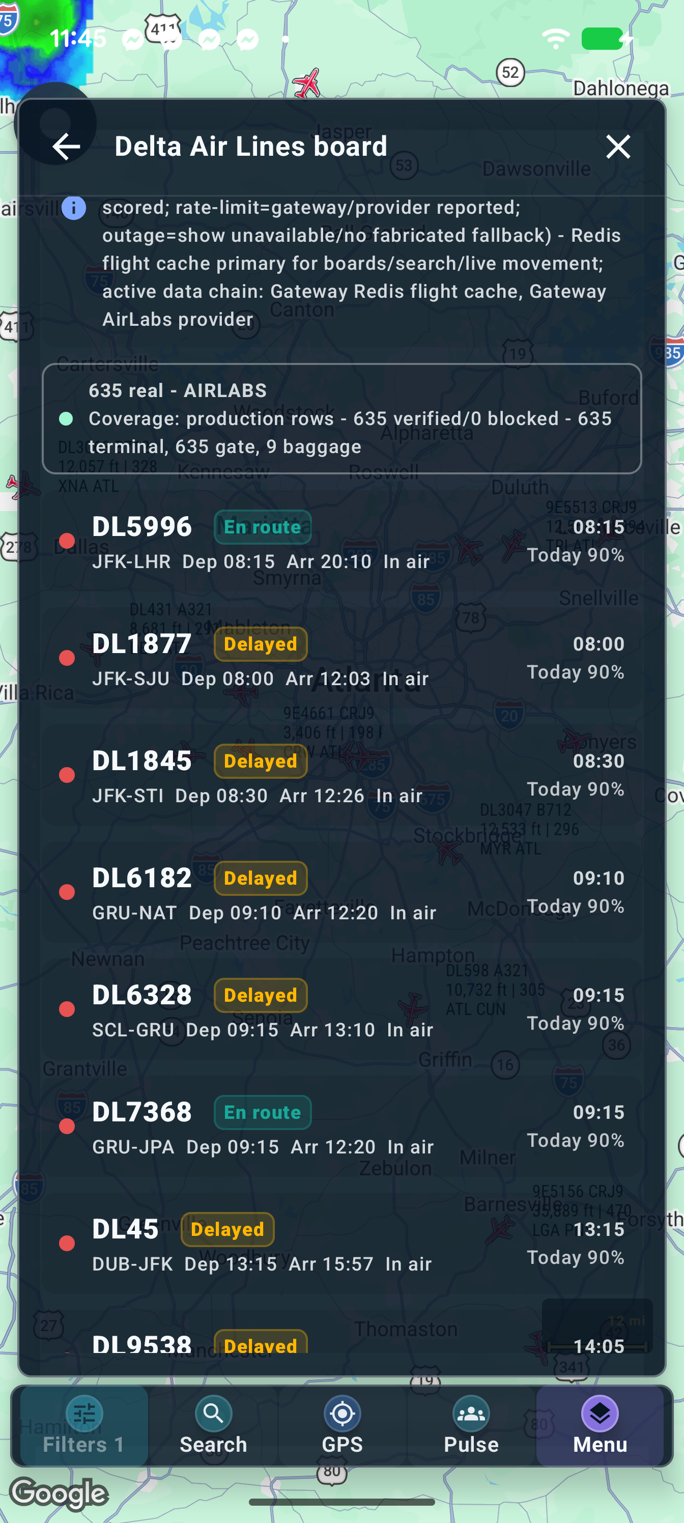 Scroll the airline timetable to read individual flight rows; use the filter and sort controls to narrow them.