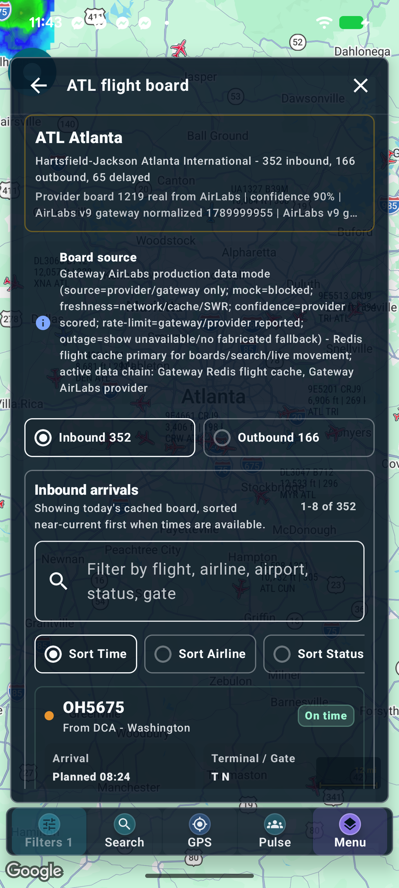 ATL Inbound arrivals, with the board filter and sorting controls.