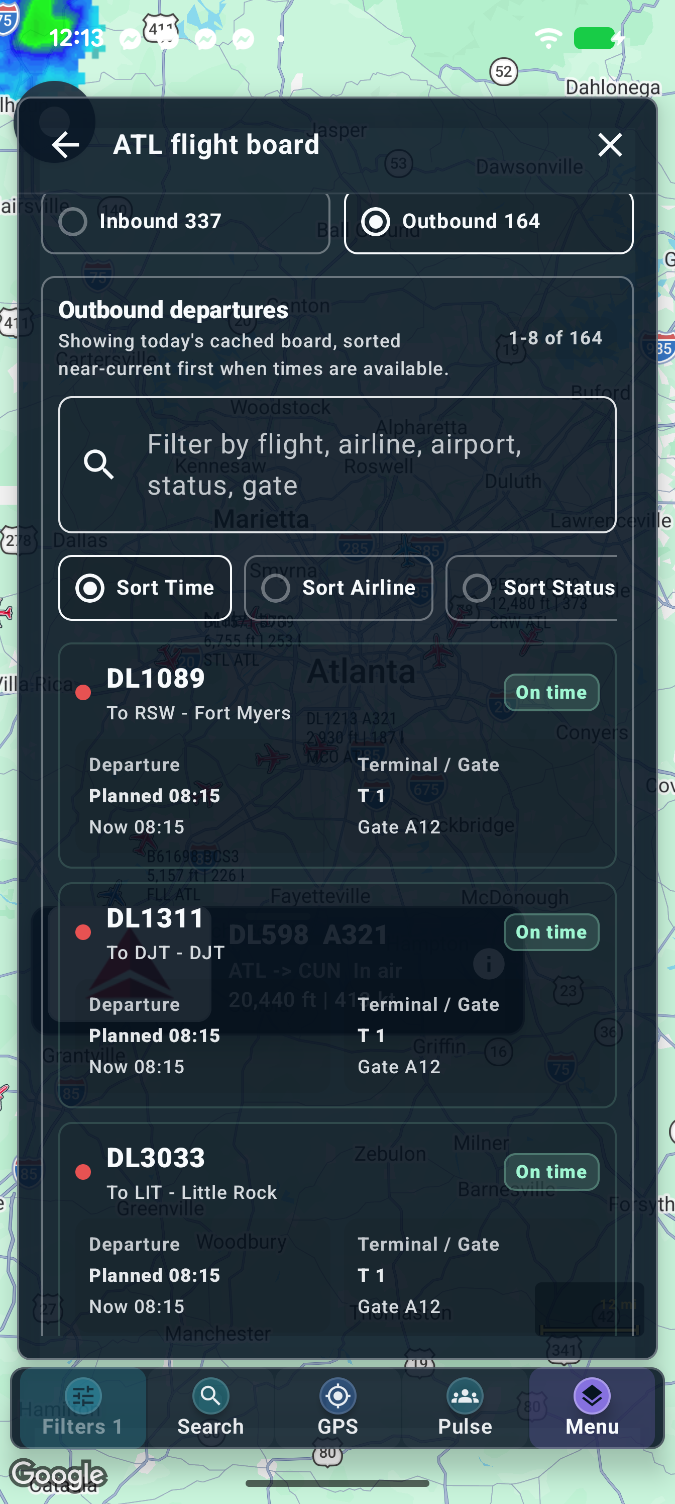 ATL Outbound departures. Each row shows its destination, status, planned/current time and available gate information.