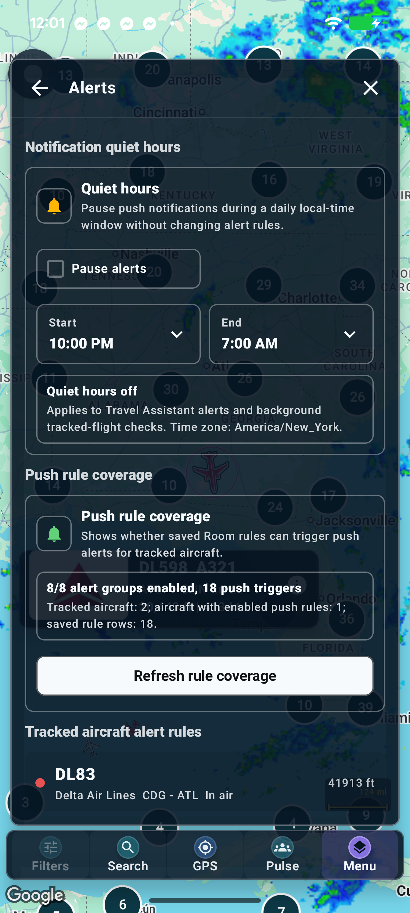 Alerts settings: quiet hours, rule coverage and available recent activity.