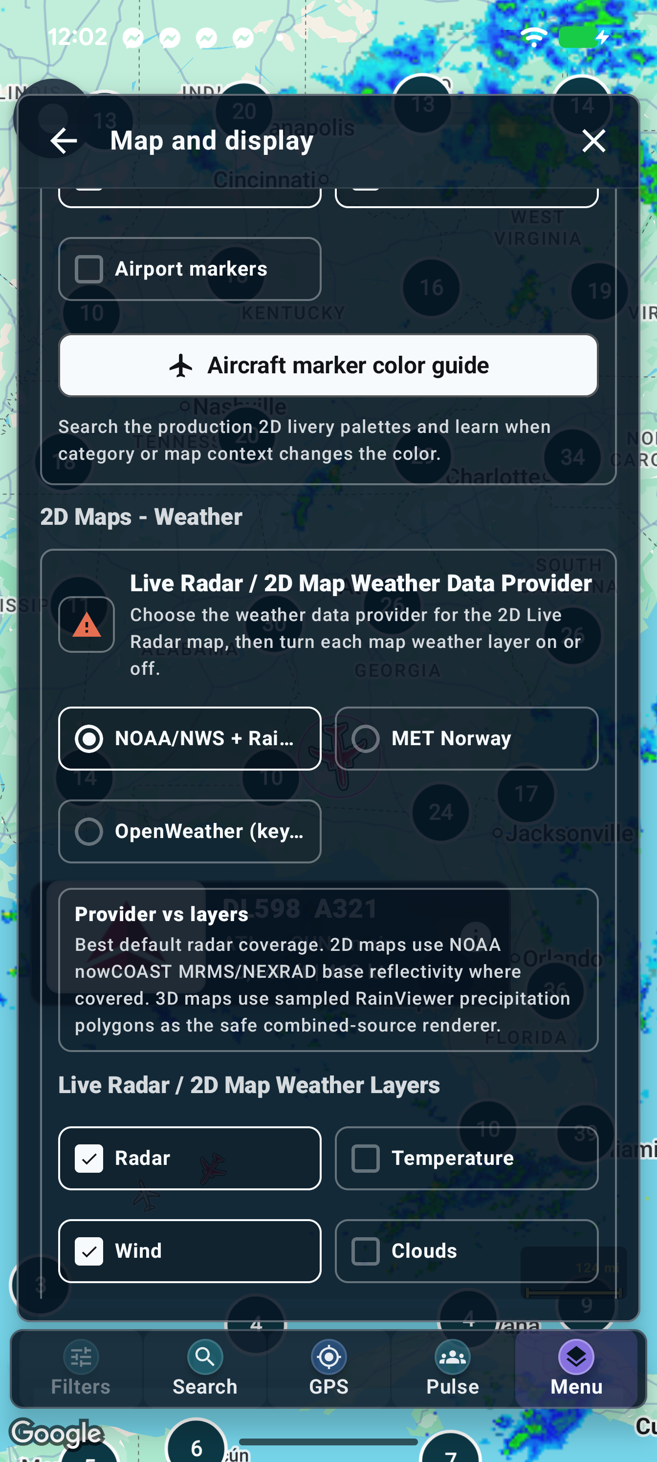 The Aircraft marker color guide is under Map and display → Shared 2D overlays.