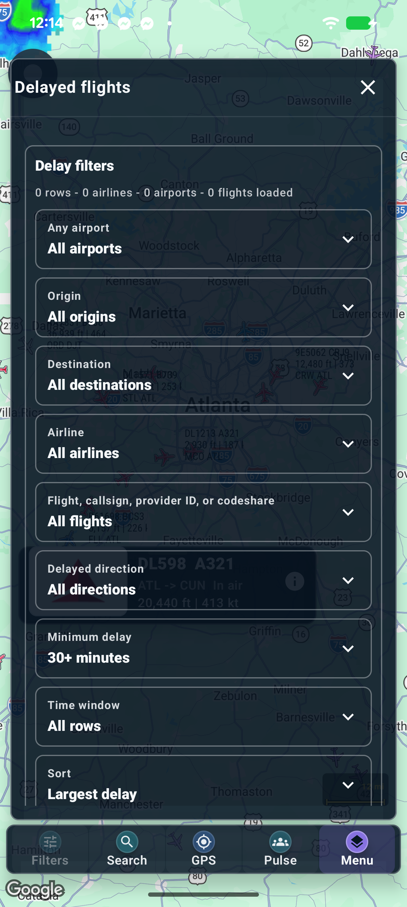 Delayed Flights filter controls. This capture has no loaded rows; an empty result does not establish that every flight is on time.