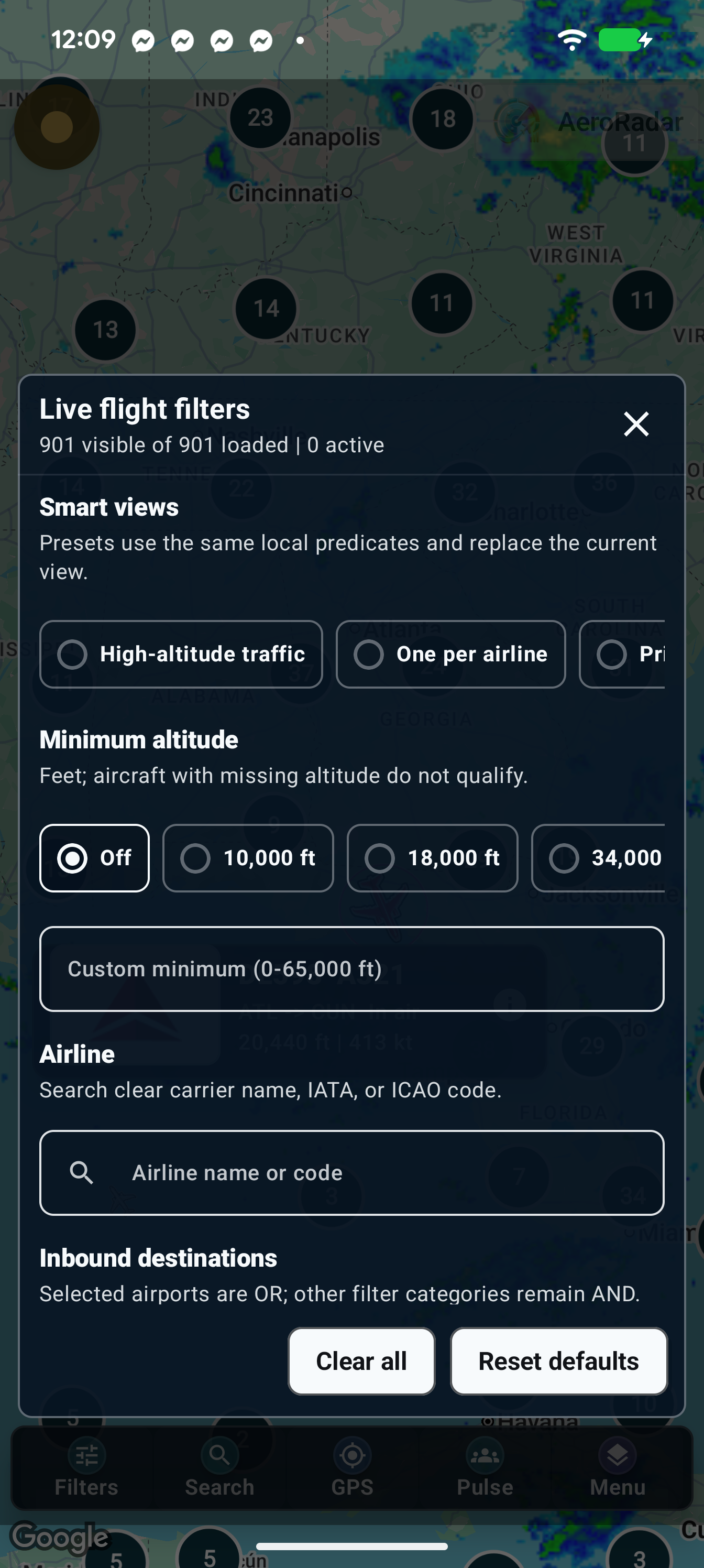 Live flight filters: smart views, minimum altitude, airline and inbound destinations. Scroll for more criteria.