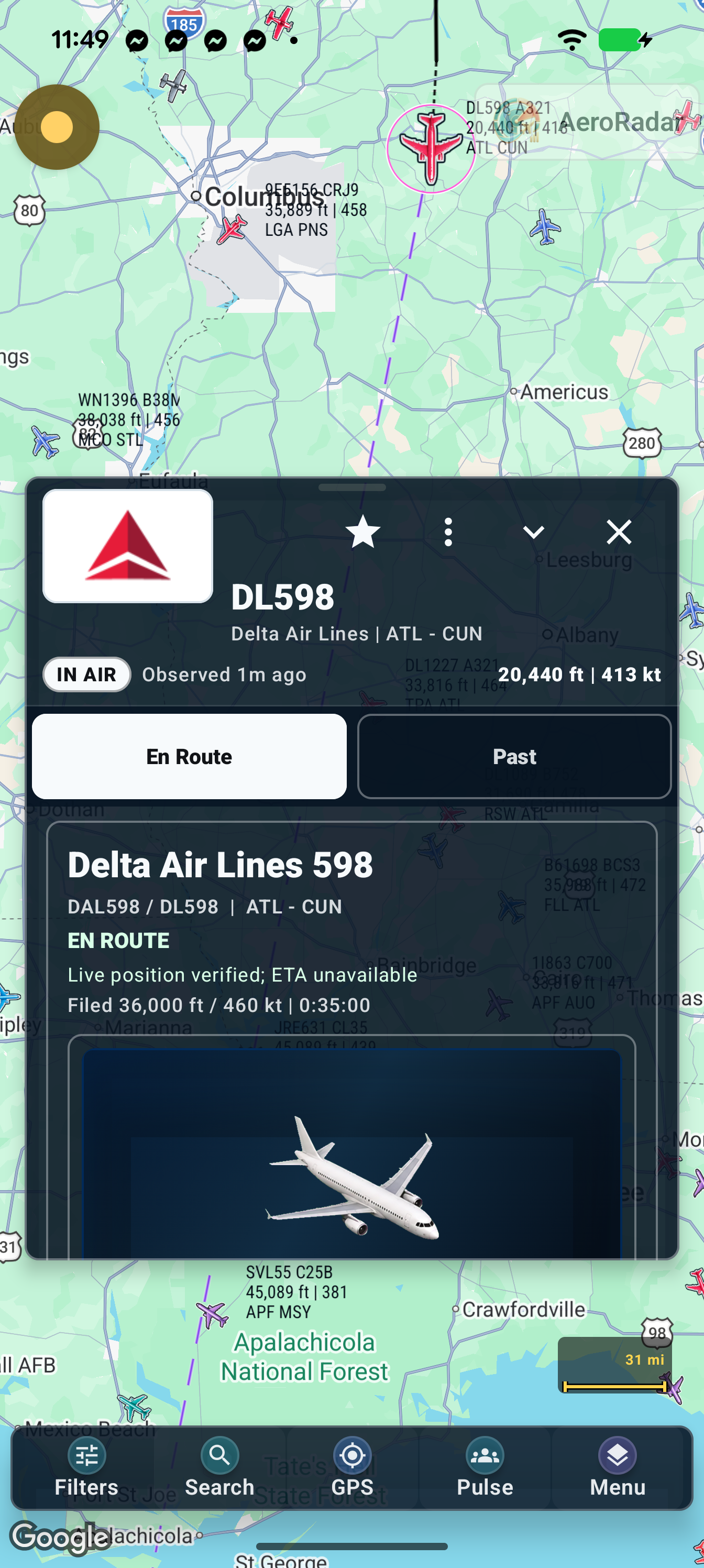 The full flight card moved higher on the map using its handle.