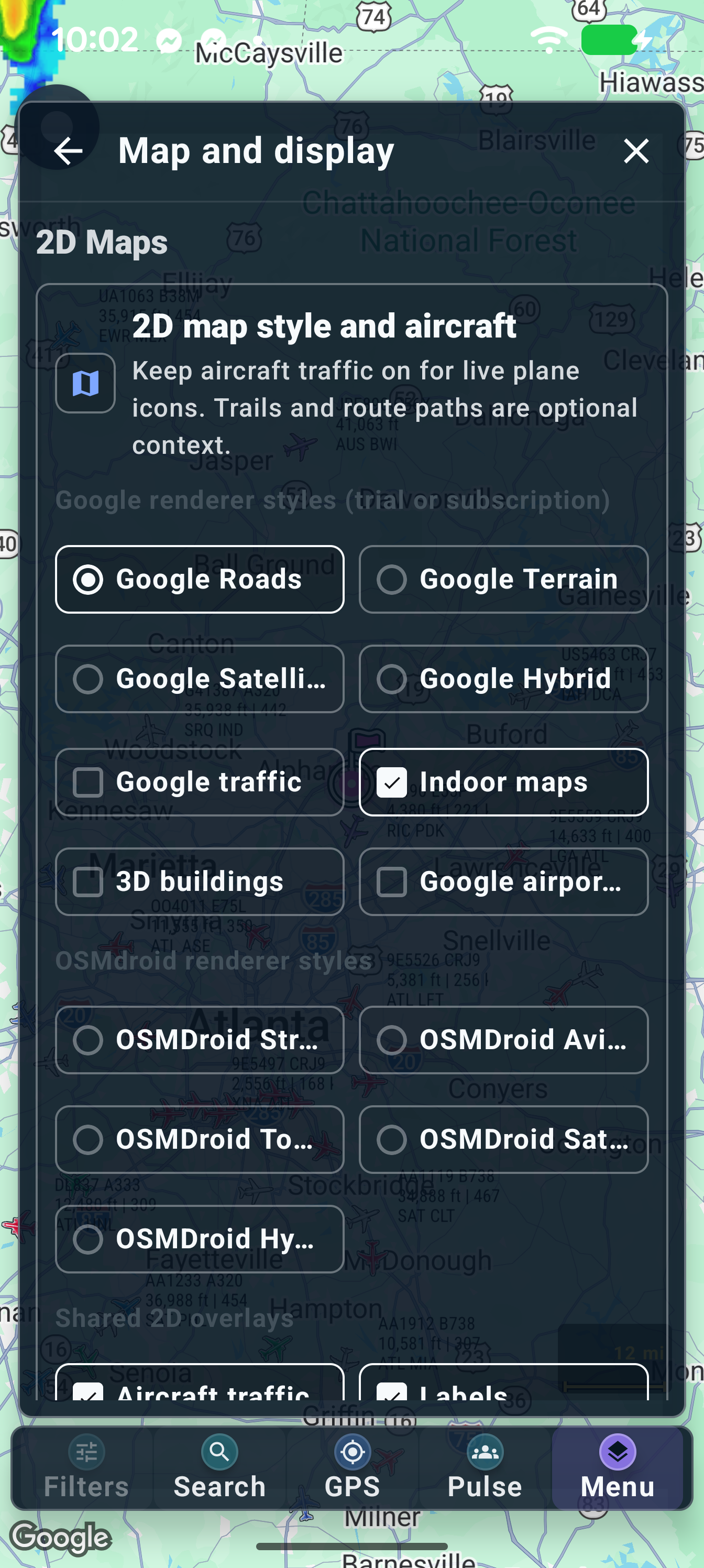 Settings → Map and display is one of the main settings subpages. Use the back arrow to return to the Settings list.