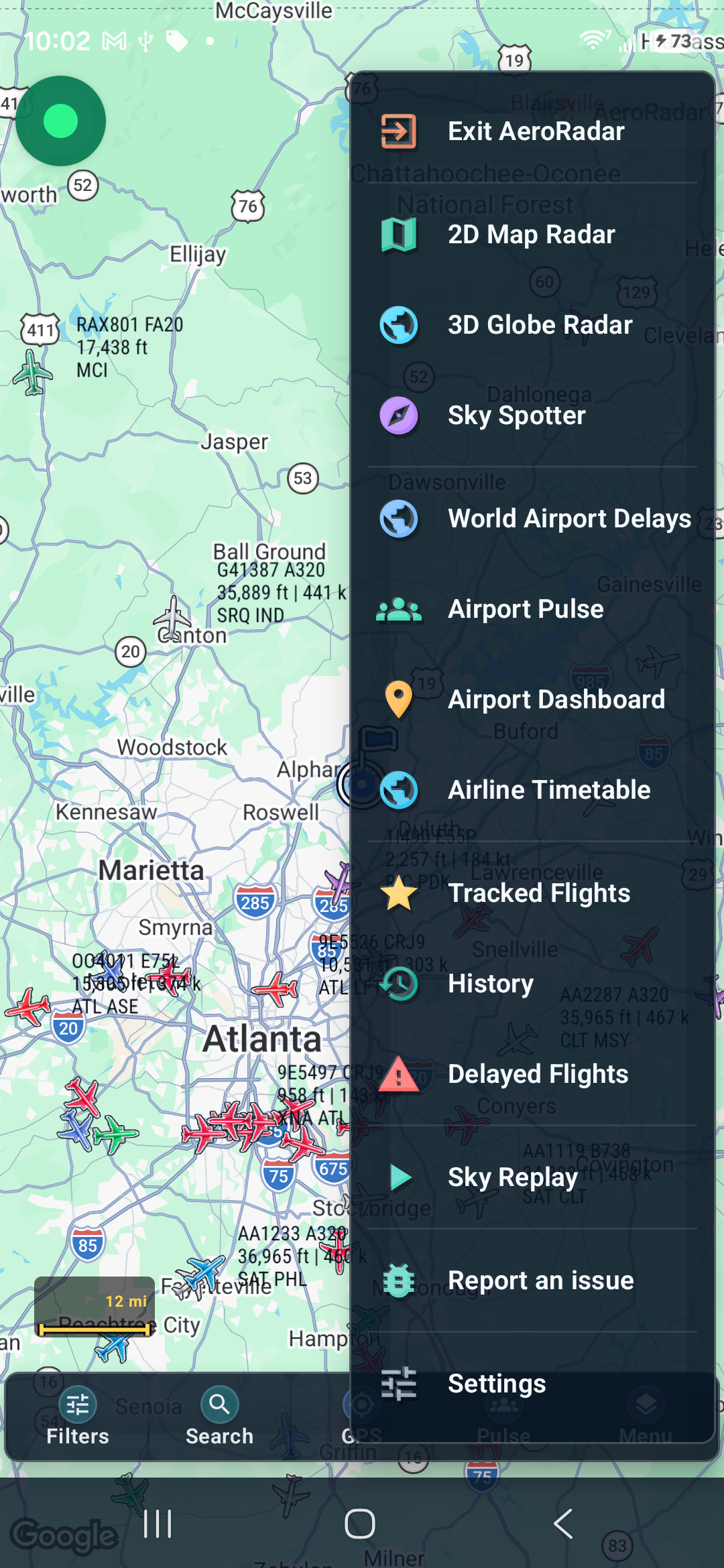 History and Tracked Flights are separate entries in the main Menu. Personal history entries are not included in this example.