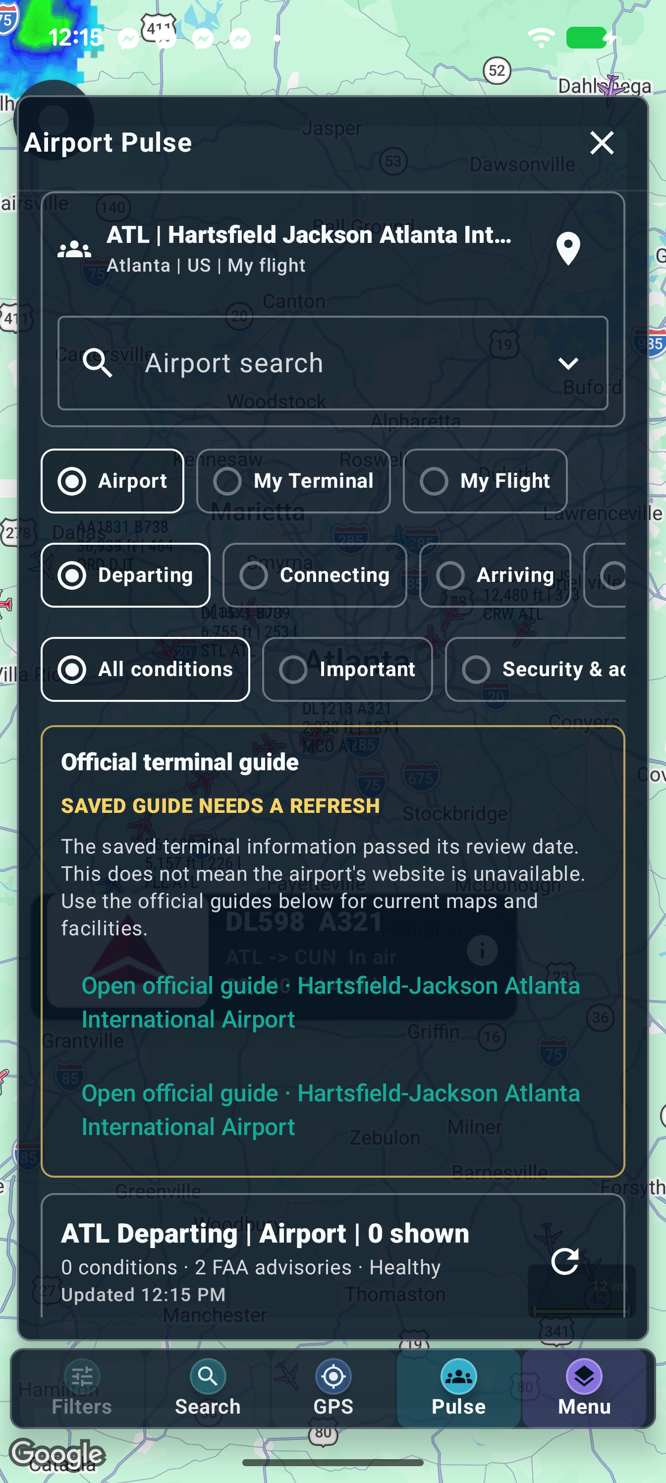 Airport Pulse airport, terminal, flight and journey-context selectors. Report availability depends on the selected airport and eligibility.