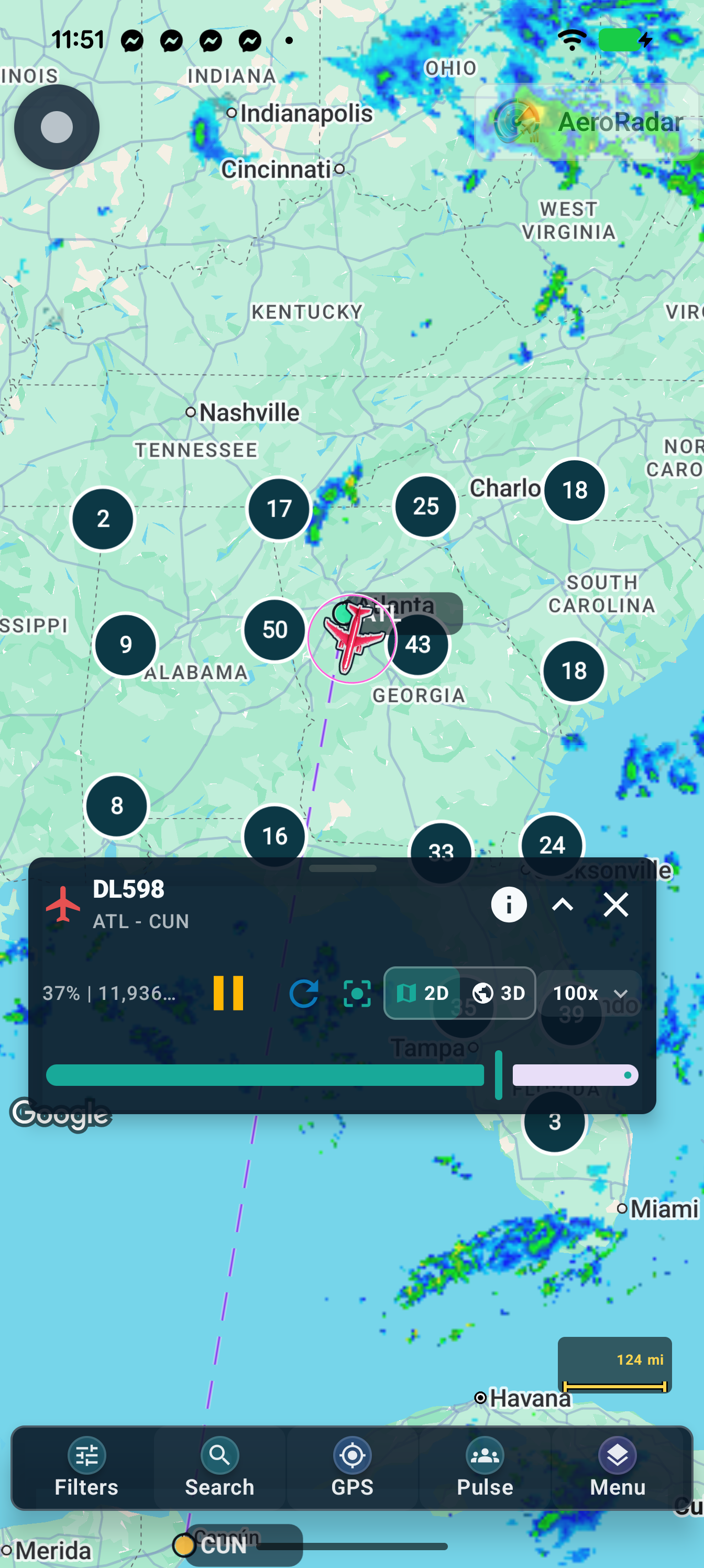 Selected-flight replay in 2D, with timeline and playback controls.