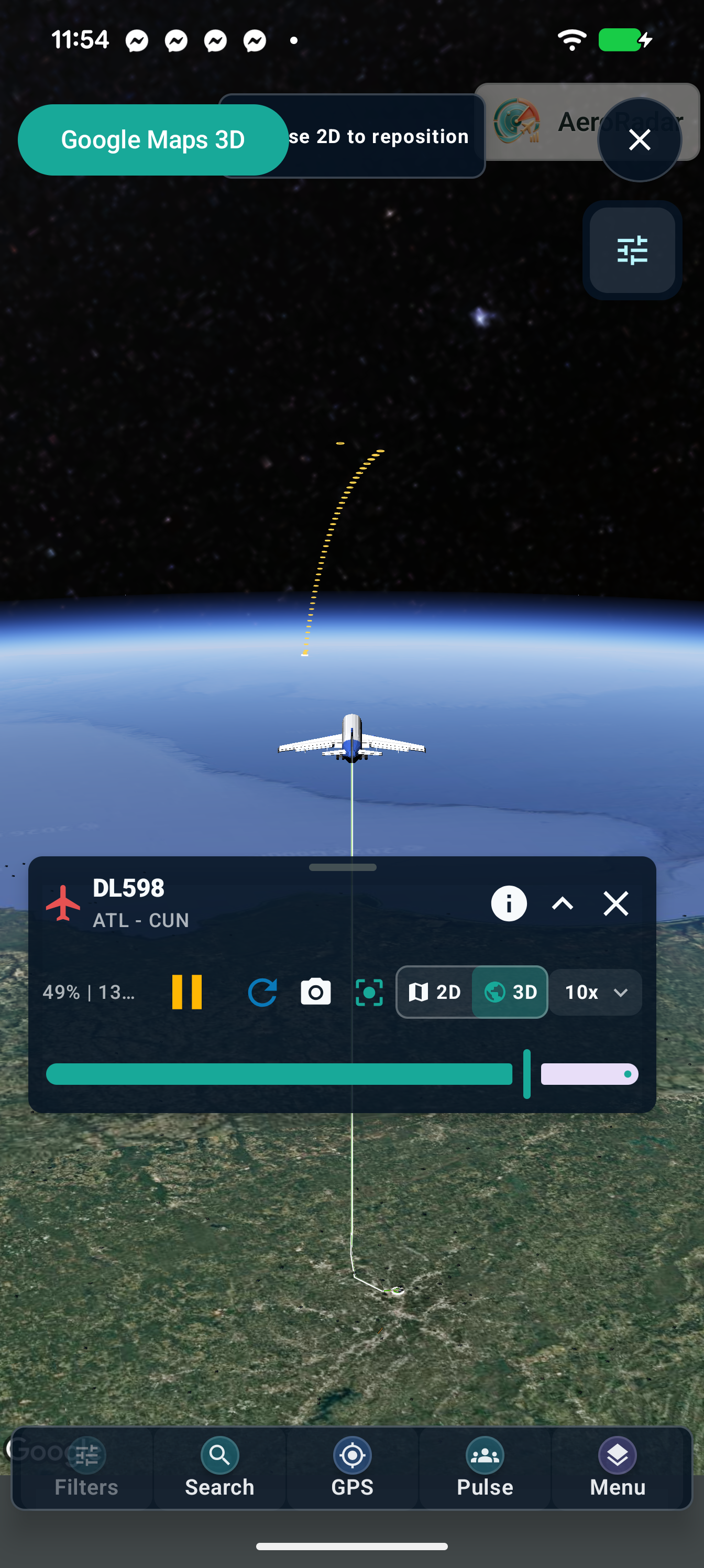 Chase camera with the replay chart collapsed, leaving more room for the globe.