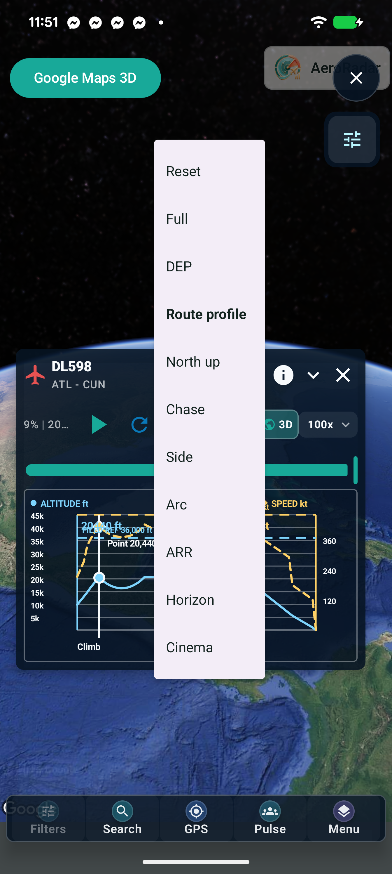 3D camera viewpoints: choose a route overview, aircraft view or cinematic angle.