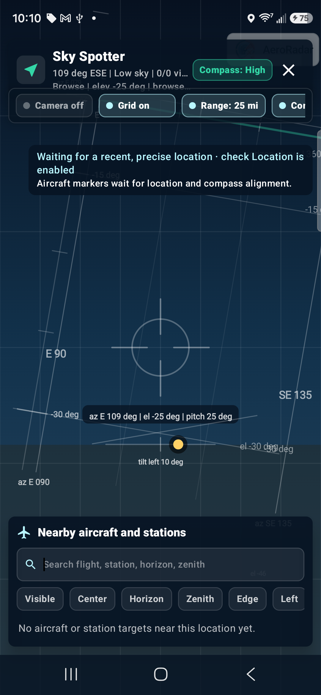 Sky Spotter Camera, Grid and Range controls; this capture is waiting for a fresh location