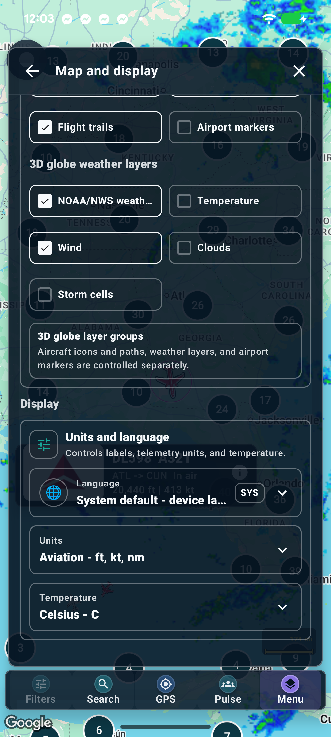 Map and display includes language, distance/altitude units and temperature controls.