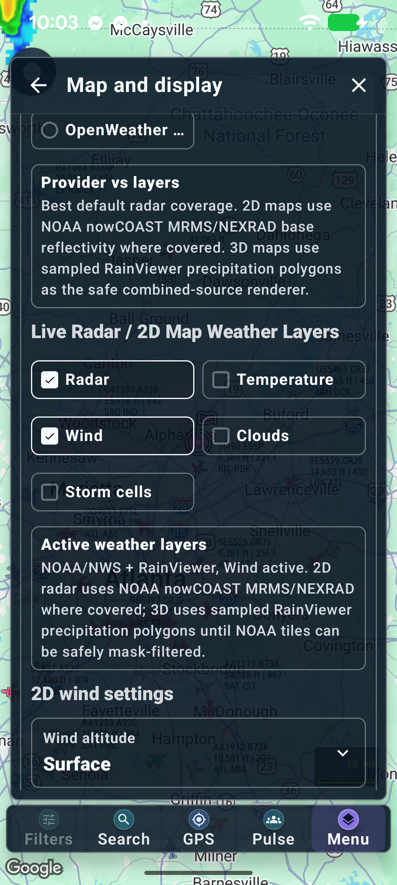 2D weather layer switches and wind settings