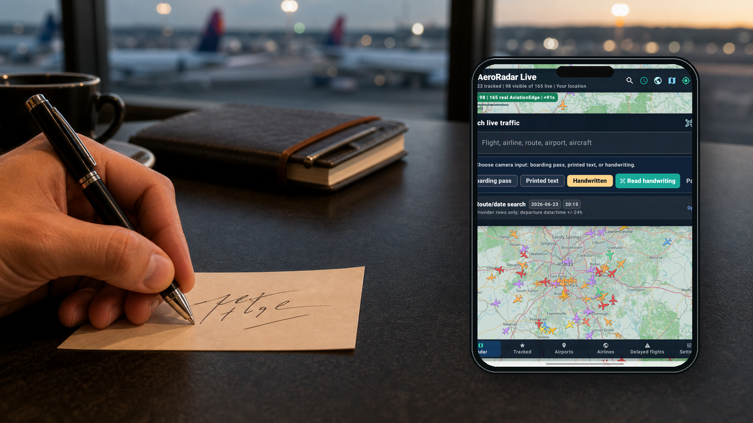 AeroRadar handwriting scan with phone app screenshot and handwritten note
