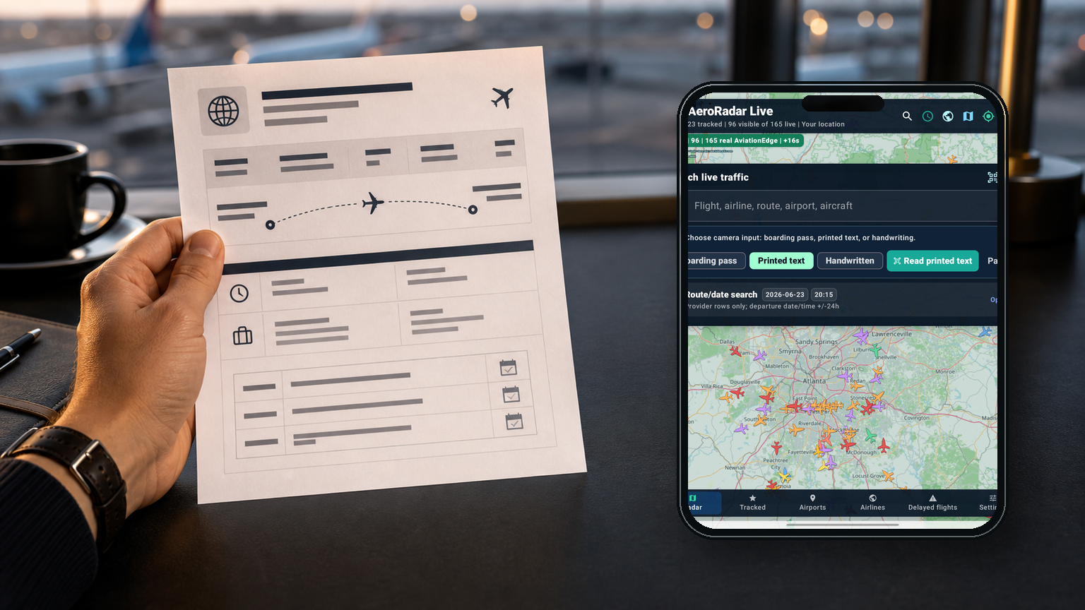 AeroRadar printed itinerary OCR with phone app screenshot and hand holding itinerary