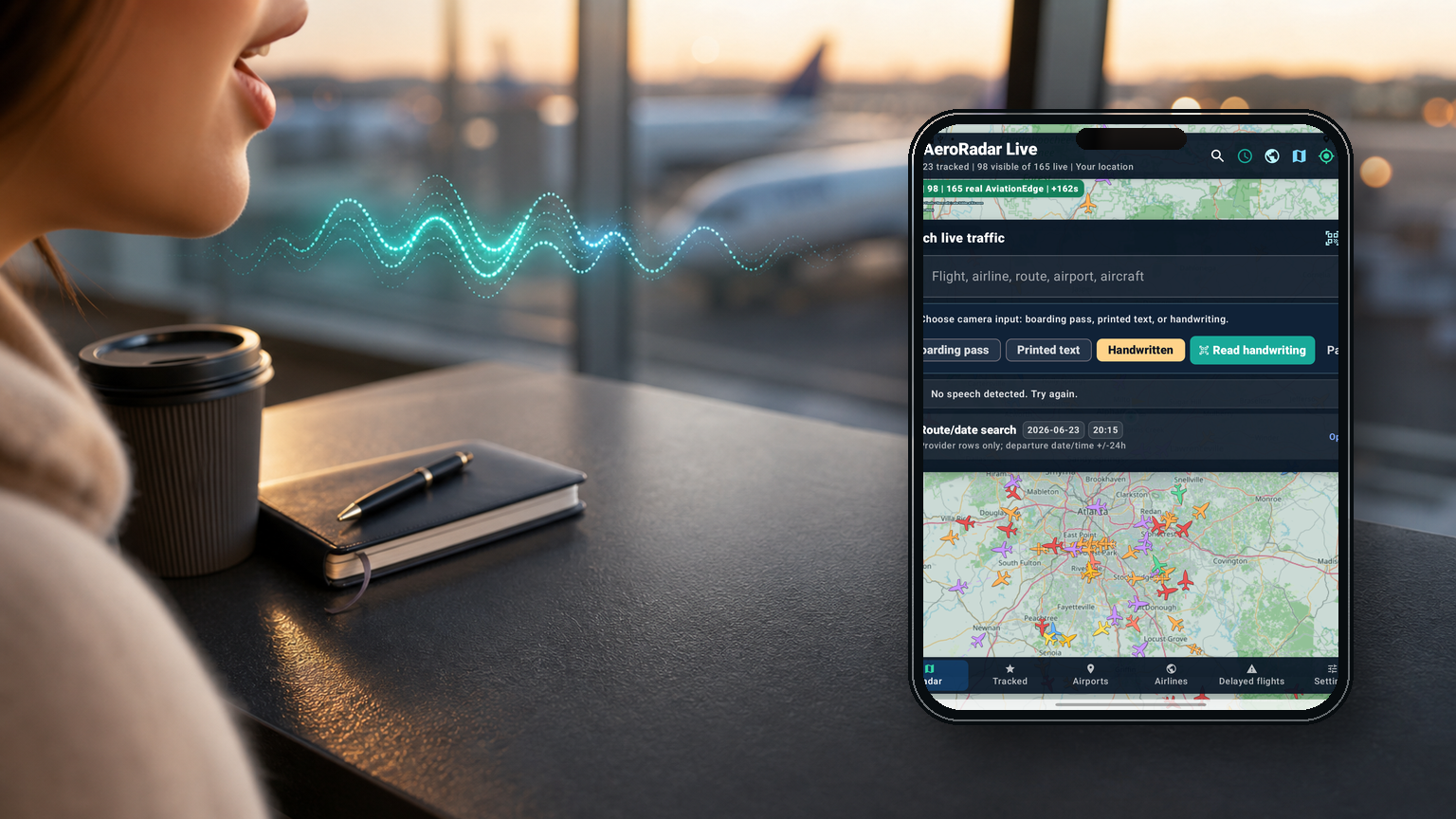 AeroRadar voice search with phone app screenshot and traveler speaking